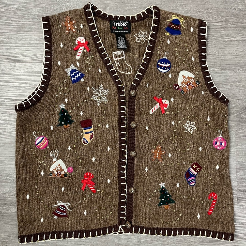 Ugly Christmas Sweater Vest Brown Beaded Vintage